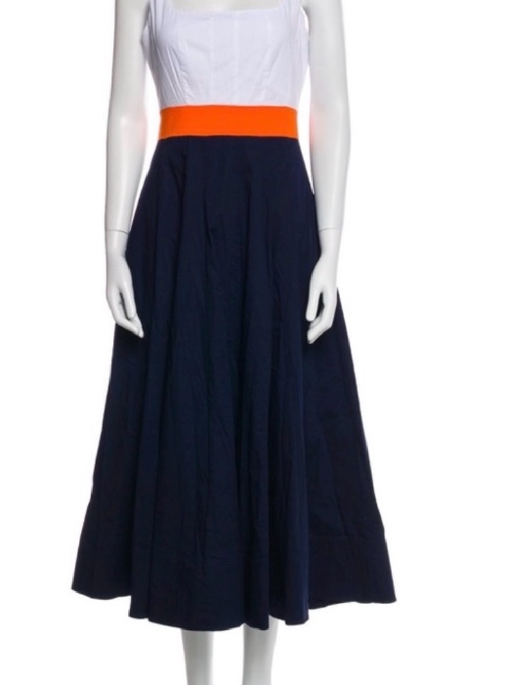 STAUD Wells White and Navy Midi Dress with Orange Accent
